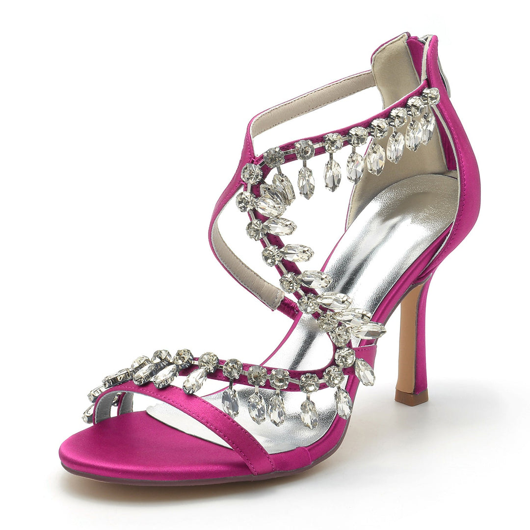 Chaussures de Mariage pour Femmes, Chaussures de Mariée à Talons Hauts et Bout Ouvert avec Strass Croisés