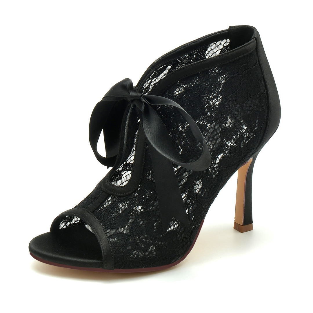 Chaussures de Mariage pour Femmes en Dentelle à Talons Hauts et Bout Ouvert avec Nœud