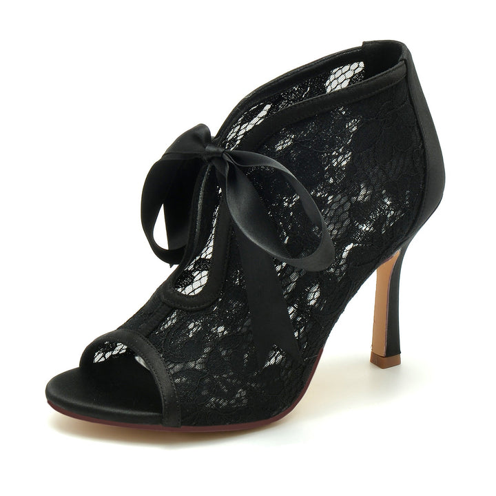 Chaussures de Mariage pour Femmes en Dentelle à Talons Hauts et Bout Ouvert avec Nœud