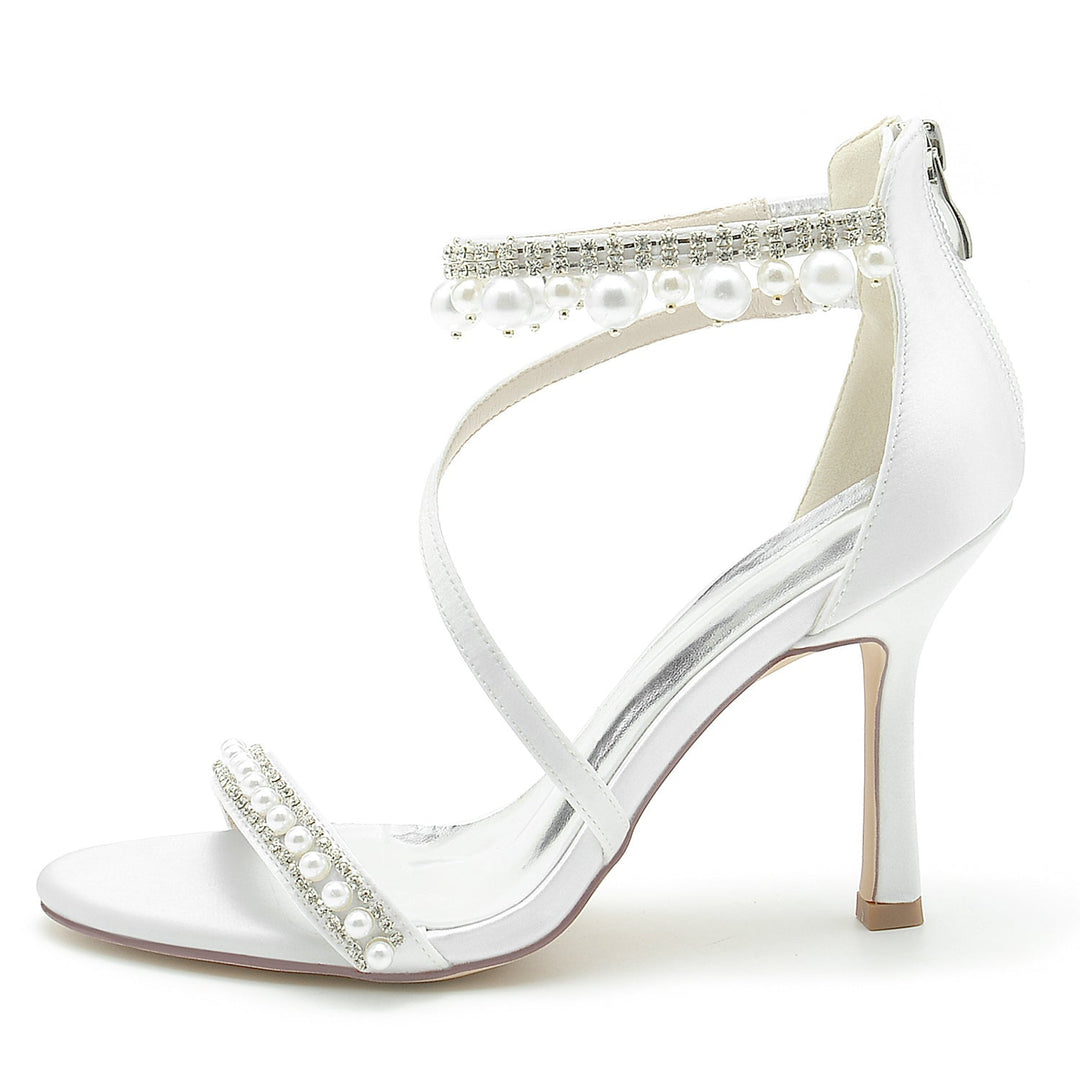 Chaussures de Mariage pour Femmes en Spirale avec Perles et Talons Hauts et Bout Ouvert avec Boucle