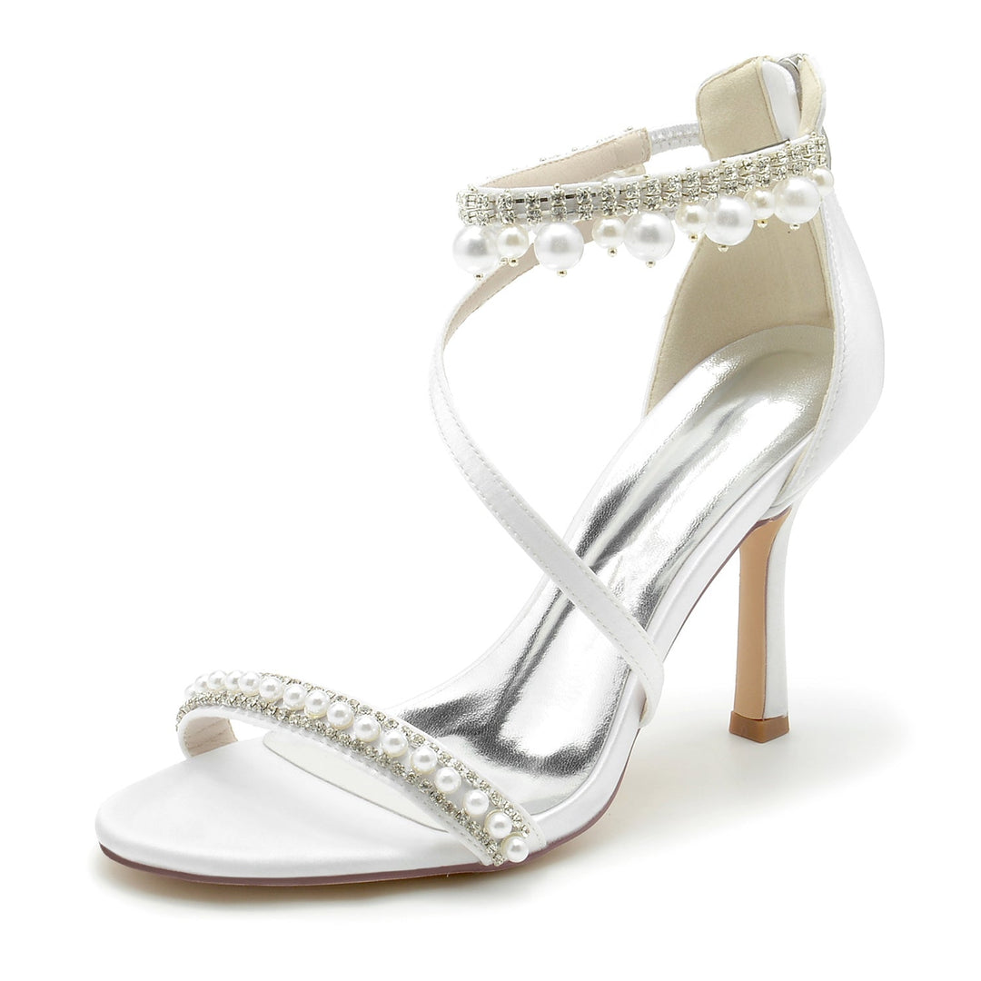 Chaussures de Mariage pour Femmes en Spirale avec Perles et Talons Hauts et Bout Ouvert avec Boucle