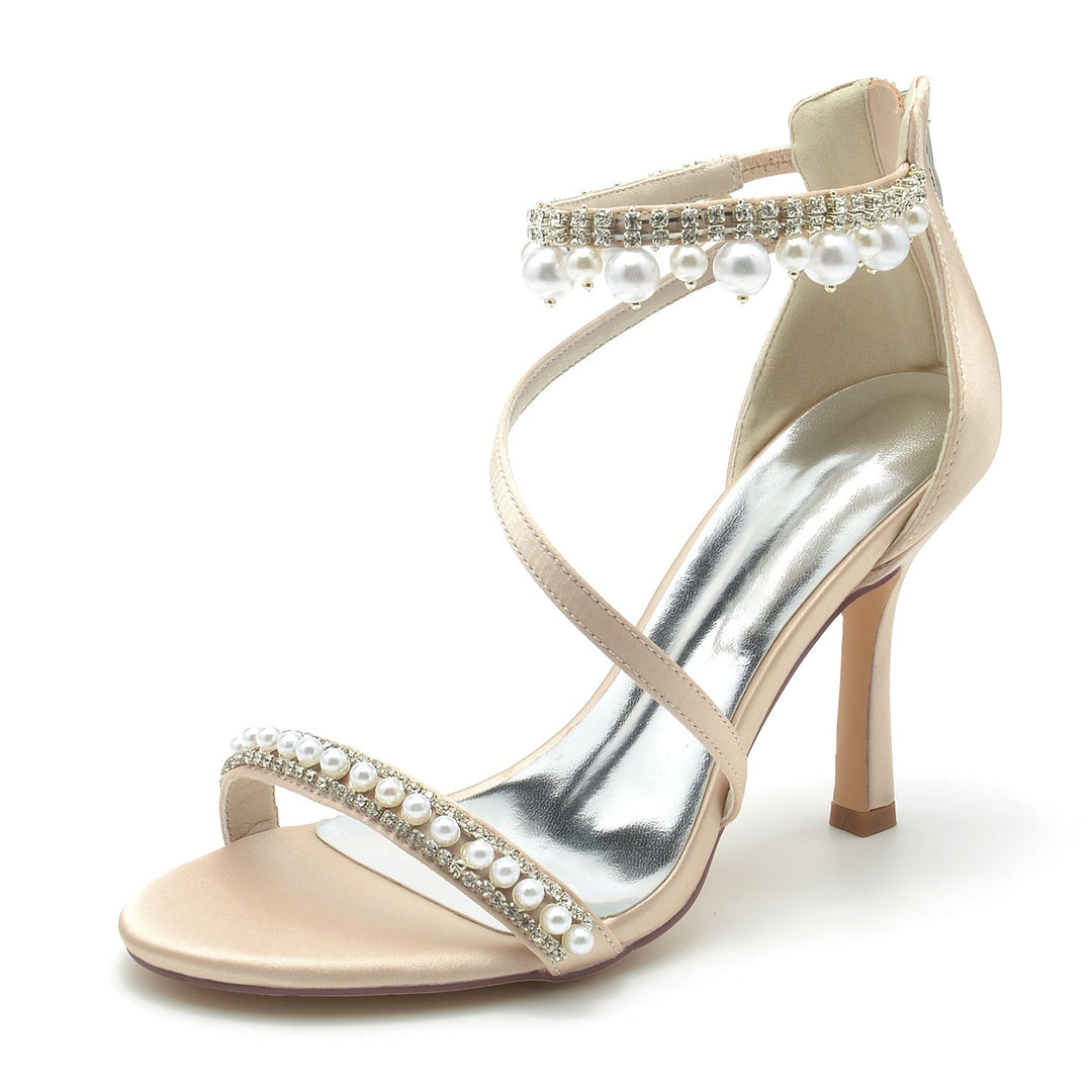 Chaussures de Mariage pour Femmes en Spirale avec Perles et Talons Hauts et Bout Ouvert avec Boucle