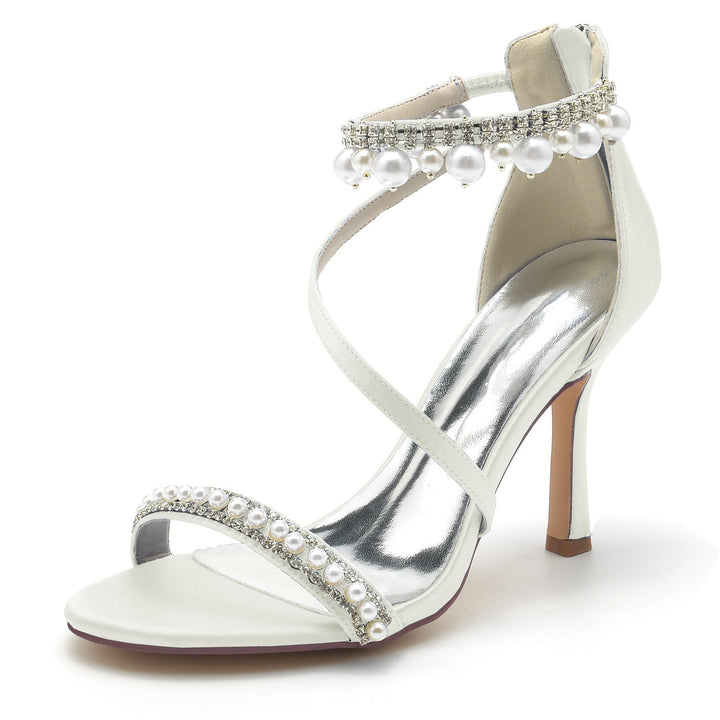 Chaussures de Mariage pour Femmes en Spirale avec Perles et Talons Hauts et Bout Ouvert avec Boucle