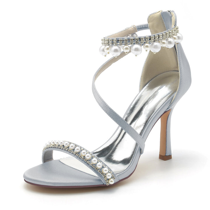 Chaussures de Mariage pour Femmes en Spirale avec Perles et Talons Hauts et Bout Ouvert avec Boucle