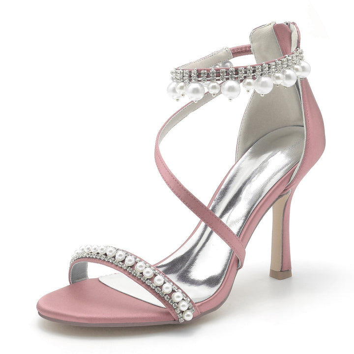 Chaussures de Mariage pour Femmes en Spirale avec Perles et Talons Hauts et Bout Ouvert avec Boucle