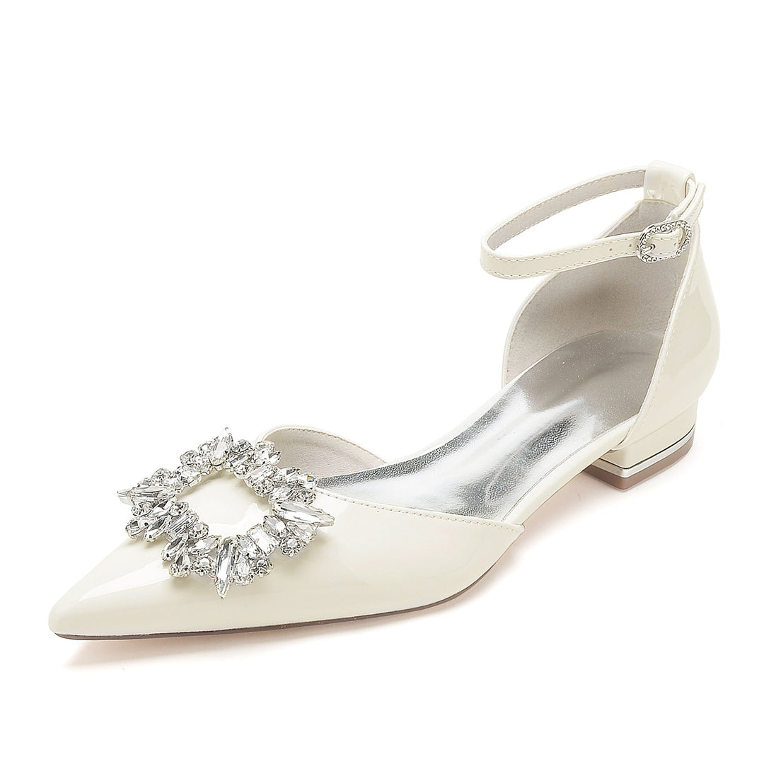 Chaussures de Mariage pour Femmes en Cuir Verni Carré Strass Chaussures de Mariée à Bout Pointu Bas