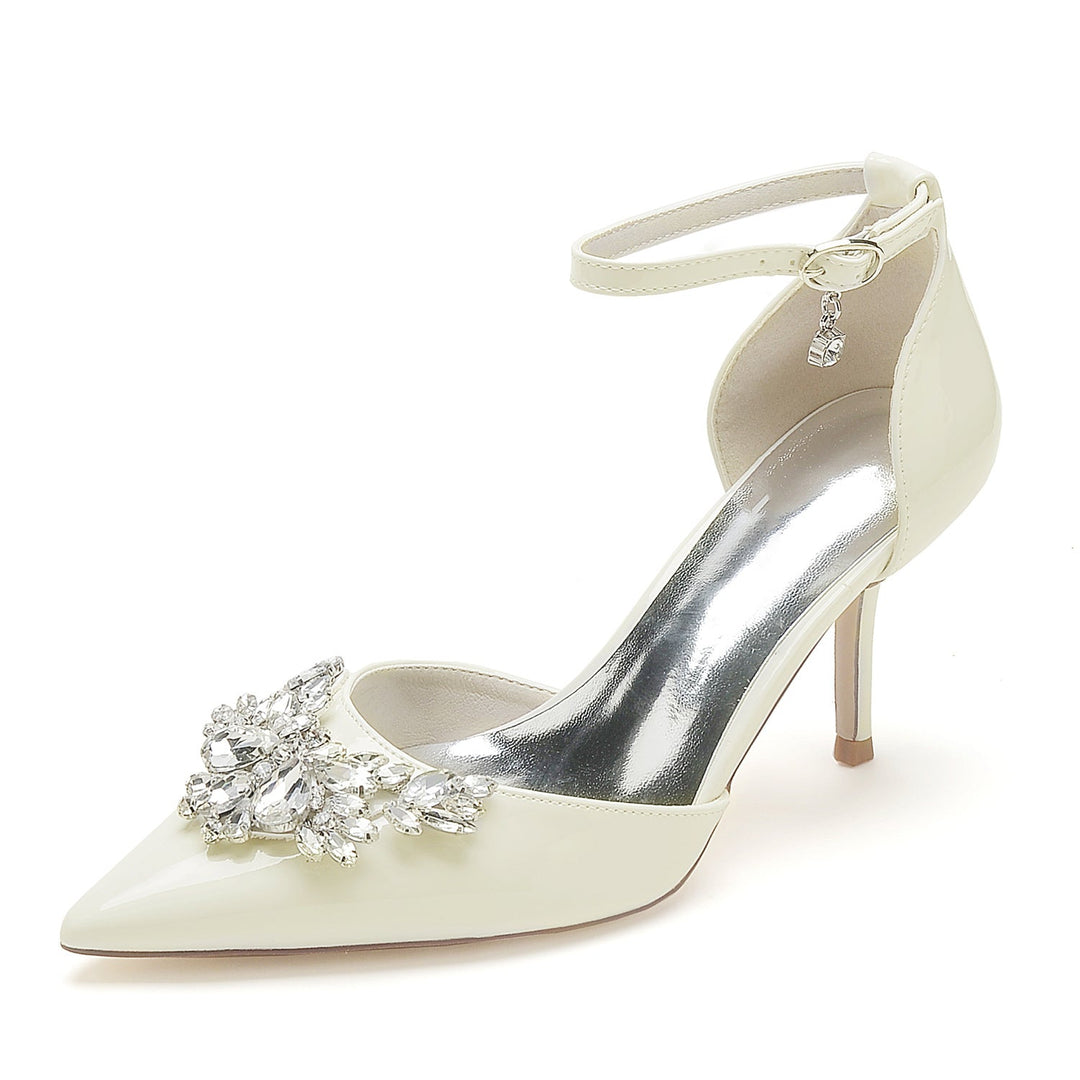 Chaussures de Mariage pour Femmes en Cuir Verni, Chaussures de Mariée à Bout Pointu et Boucle en Cristal