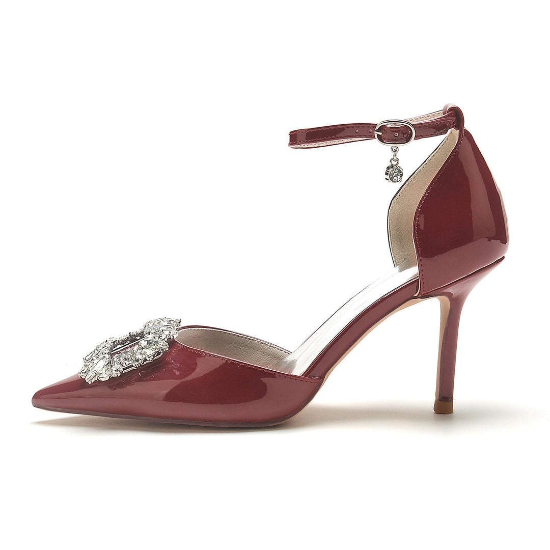 Chaussures de Mariage pour Femmes en Cuir Verni à Bout Pointu et Talon Aiguille Chaussures de Mariée Carrées en Cristal