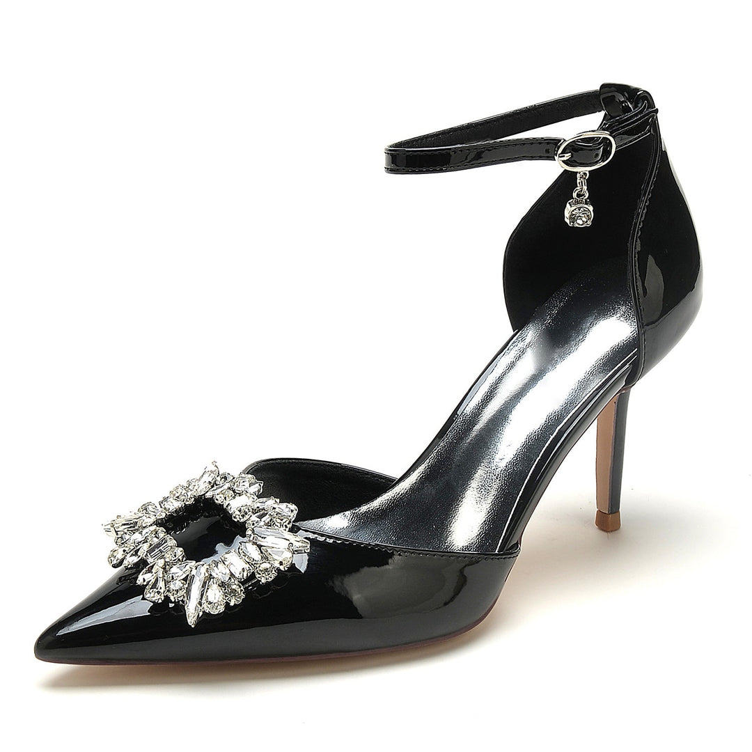 Chaussures de Mariage pour Femmes en Cuir Verni à Bout Pointu et Talon Aiguille Chaussures de Mariée Carrées en Cristal