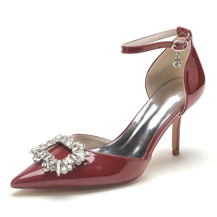 Chaussures de Mariage pour Femmes en Cuir Verni à Bout Pointu et Talon Aiguille Chaussures de Mariée Carrées en Cristal