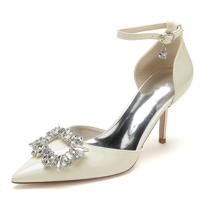 Chaussures de Mariage pour Femmes en Cuir Verni à Bout Pointu et Talon Aiguille Chaussures de Mariée Carrées en Cristal
