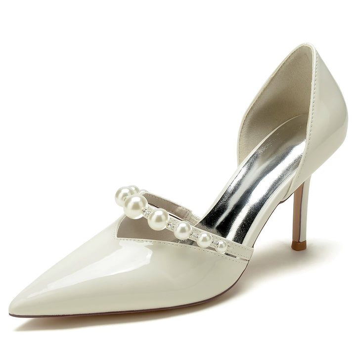 Chaussures de Mariage pour Femmes en Cuir Verni à Bout Pointu et Talon Aiguille avec Perles