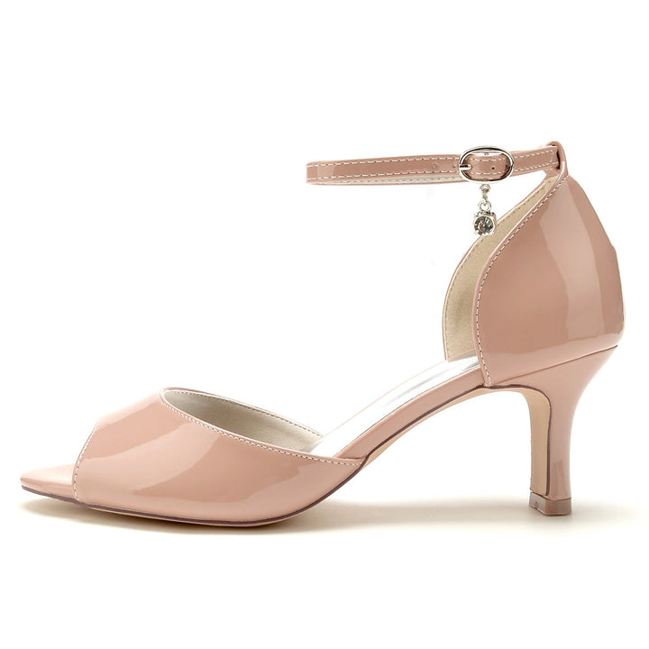 Chaussures de Mariage pour Femmes en Cuir Verni Strass Mi-Haut Peep Toe Chaussures de Mariée Minimalistes