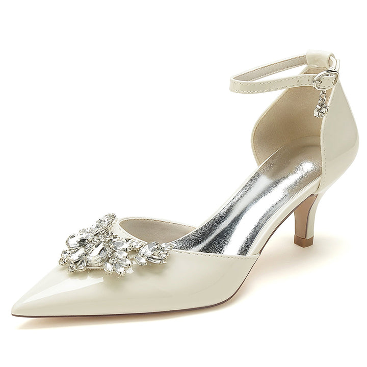Chaussures de Mariage pour Femmes en Cuir Verni et Cristal, Bout Pointu Moyen, Boucle, Chaussures de Mariée
