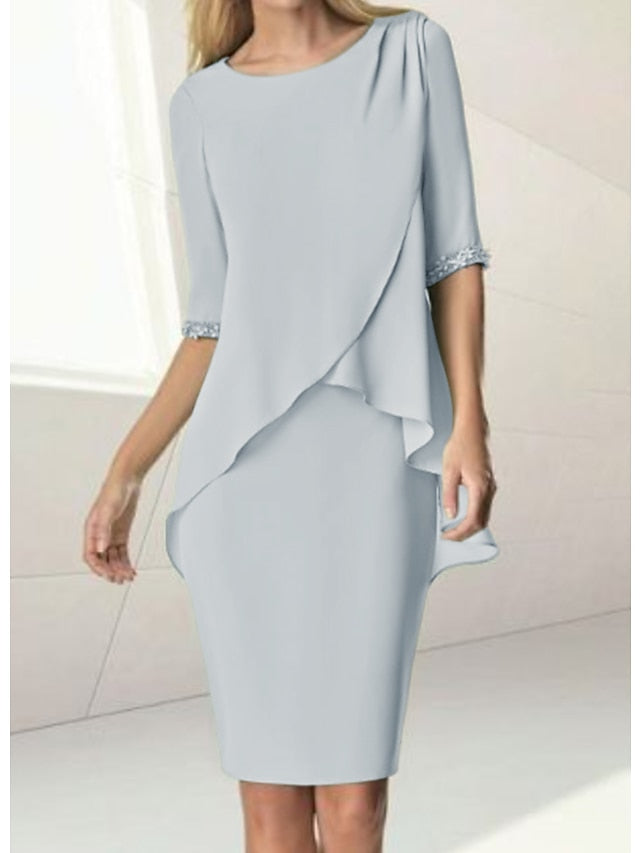 Robe de Mère de la Mariée Fourreau/Colonne à Col Bijou, Longueur Genou, Manches Mi-Longues, avec Fronces Perlées