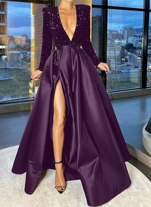 Robe de Bal Longue à Col en V et Ligne A/Princesse avec Fente Sur le Côté et Paillettes