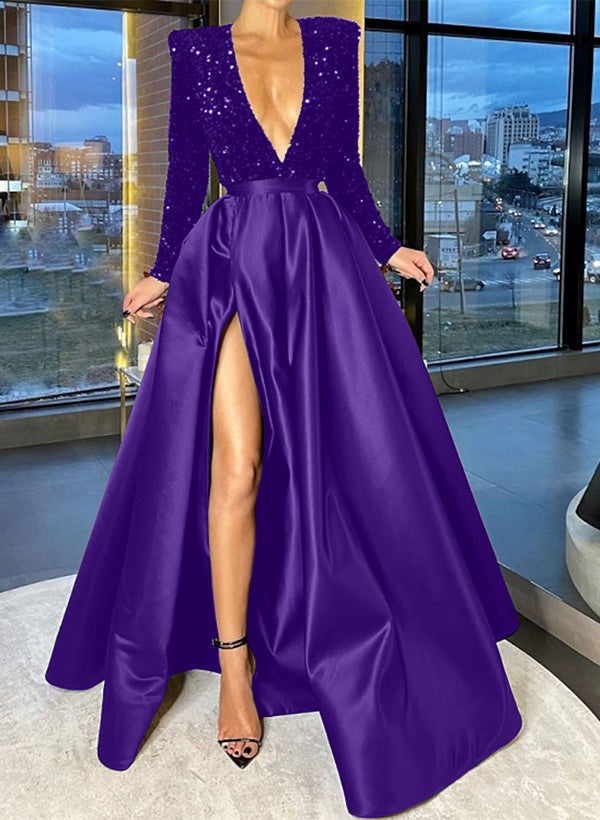 Robe de Bal Longue à Col en V et Ligne A/Princesse avec Fente Sur le Côté et Paillettes
