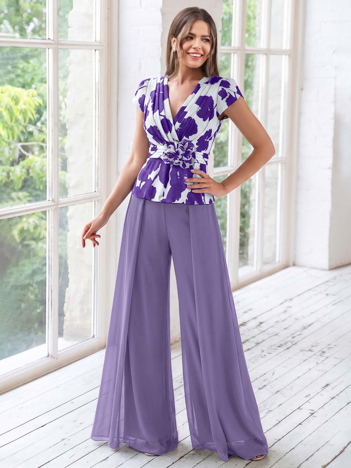 Ensemble Pantalon de Mère de la Mariée à Fleurs, Coupe A-Line/Princesse, Col en V, Manches Courtes, Longueur Au Sol, Motif Floral