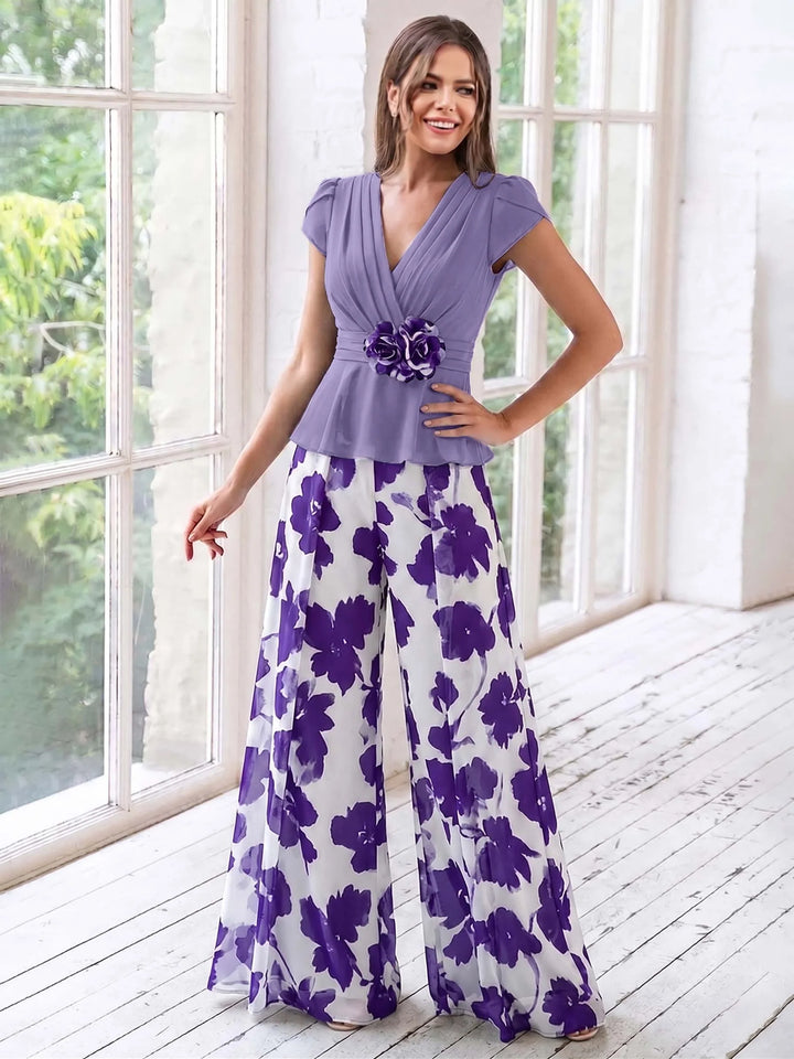 Combinaison de Mère de la Mariée à Fleurs, Coupe A-Line/Princesse, Col en V, Manches Courtes, Longueur Au Sol, Motif Floral