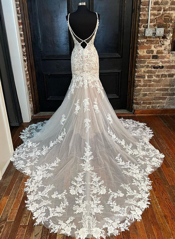 Robe de Mariée Sirène/Trompette en Dentelle à Col en V et Longueur Au Sol