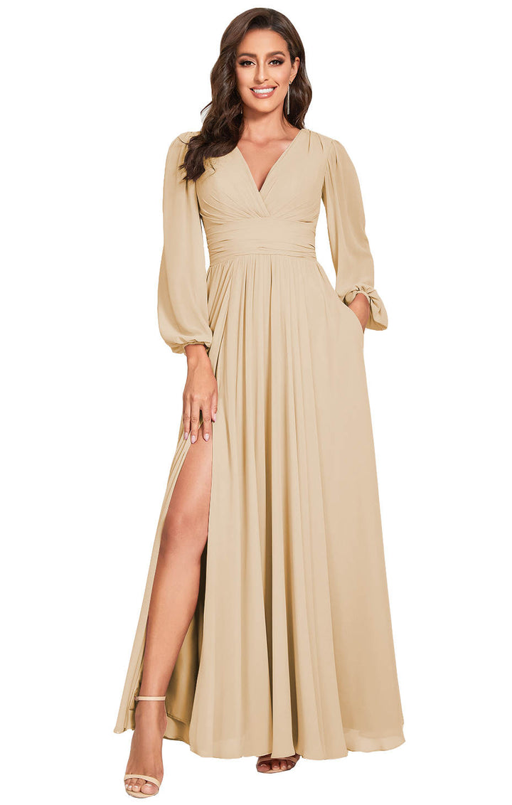 Robes de Demoiselle D'Honneur à Col Plongeant et Manches Longues, Coupe A-Line/Princess