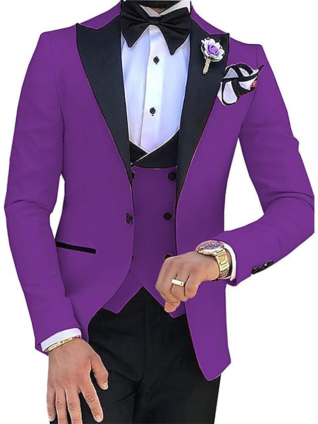 Costumes de Mariage 3 Pièces pour Hommes, Coupe Ajustée, Simple Boutonnage, Couleur Unie