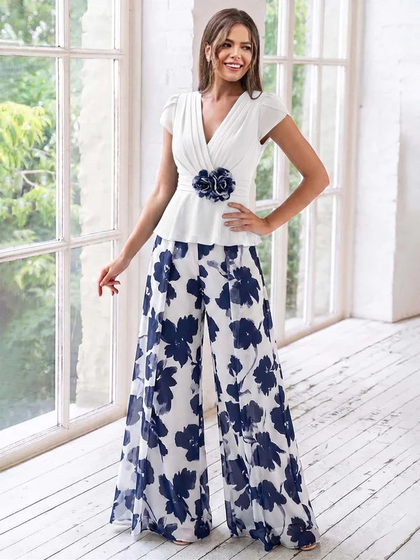 Combinaison de Mère de la Mariée à Fleurs, Coupe A-Line/Princesse, Col en V, Manches Courtes, Longueur Au Sol, Motif Floral