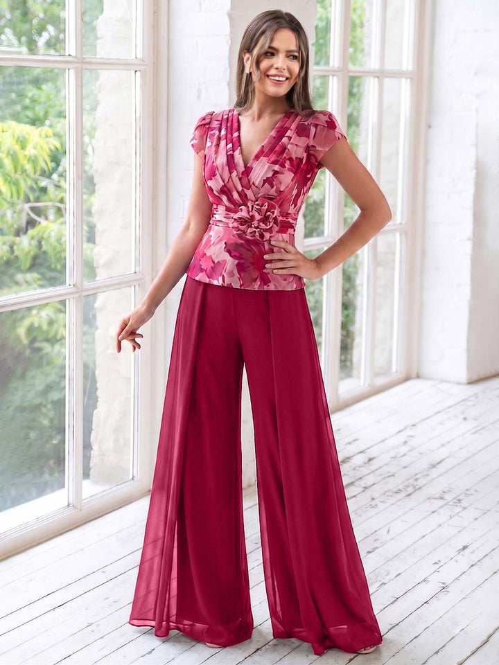 Ensemble Pantalon de Mère de la Mariée à Fleurs, Coupe A-Line/Princesse, Col en V, Manches Courtes, Longueur Au Sol, Motif Floral