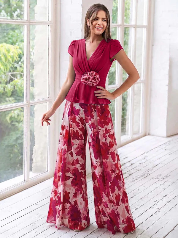 Combinaison de Mère de la Mariée à Fleurs, Coupe A-Line/Princesse, Col en V, Manches Courtes, Longueur Au Sol, Motif Floral