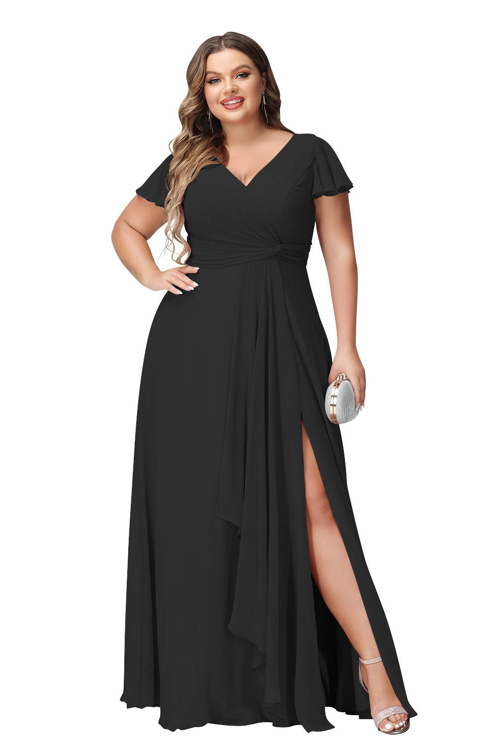 Robe de Mariée Longue à Col en V et Fente Sur le Côté, Coupe A-Line/Princess