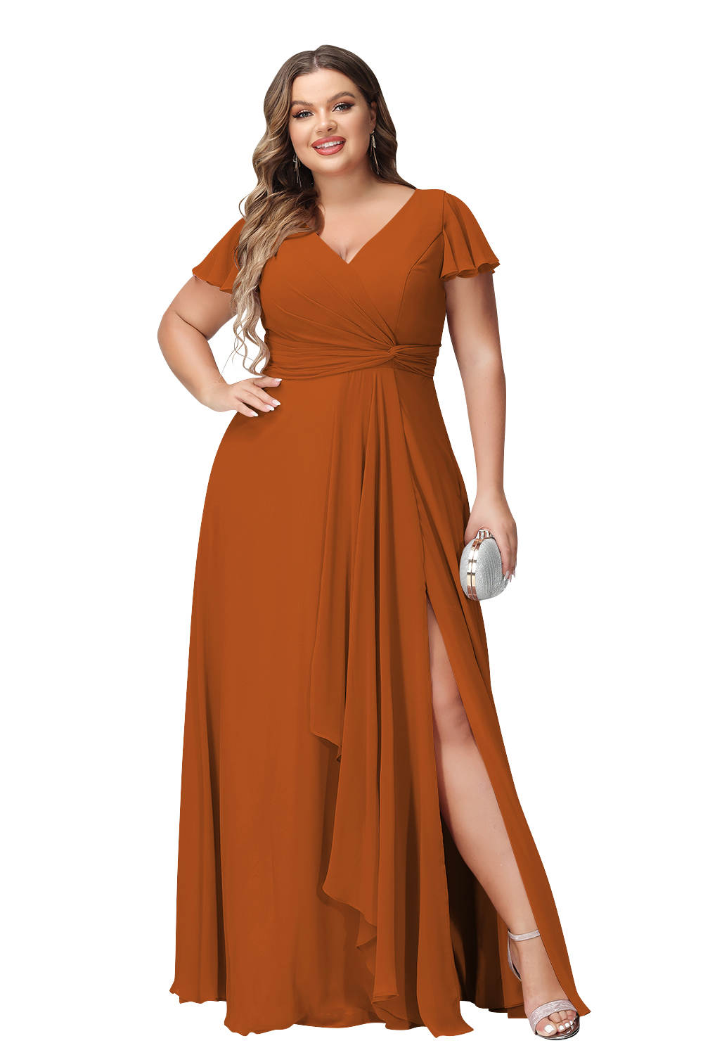 Robe de Mariée Longue à Col en V et Fente Sur le Côté, Coupe A-Line/Princess