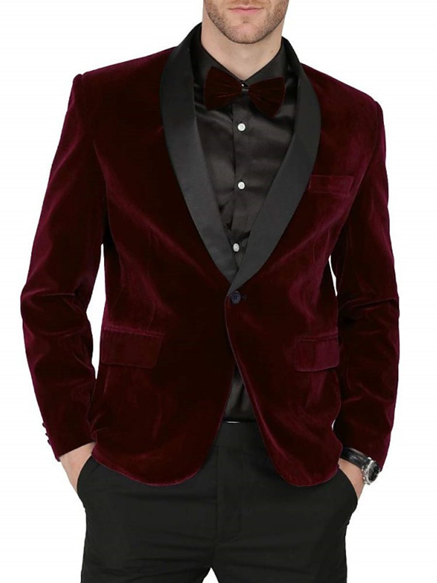 Veste de costume homme deux pièces vert, bleu, bordeaux, velours, coupe régulière, droit, 1 bouton, pour soirée