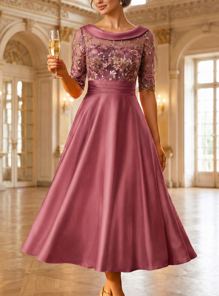 Robe Mère de la Mariée Ligne A/Princesse en Satin à Col Rond Manches Mi-Longues Longueur Midi