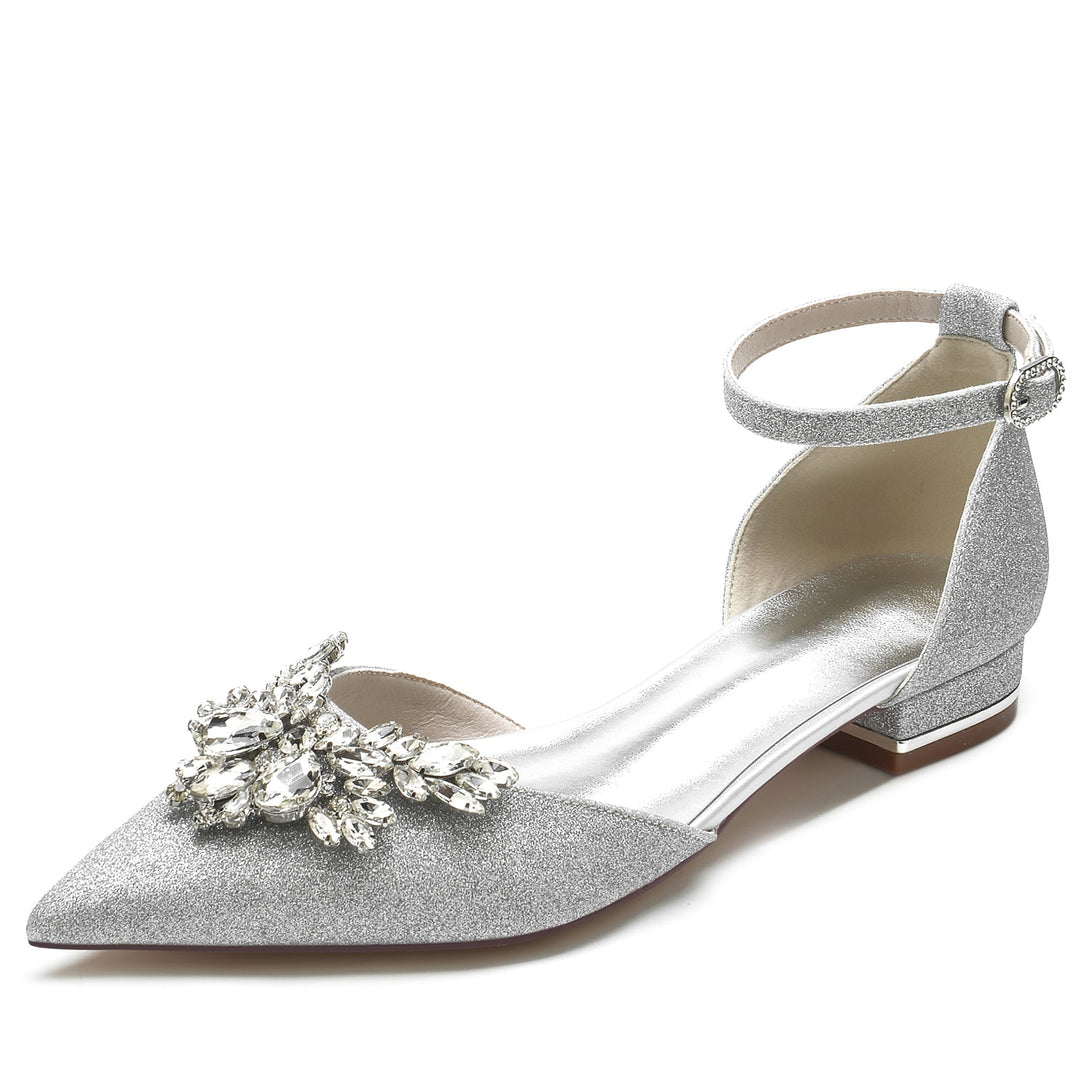 Chaussures de Mariage pour Femmes, Chaussures de Mariée à Bout Pointu et à Paillettes avec Strass et Bride à la Cheville