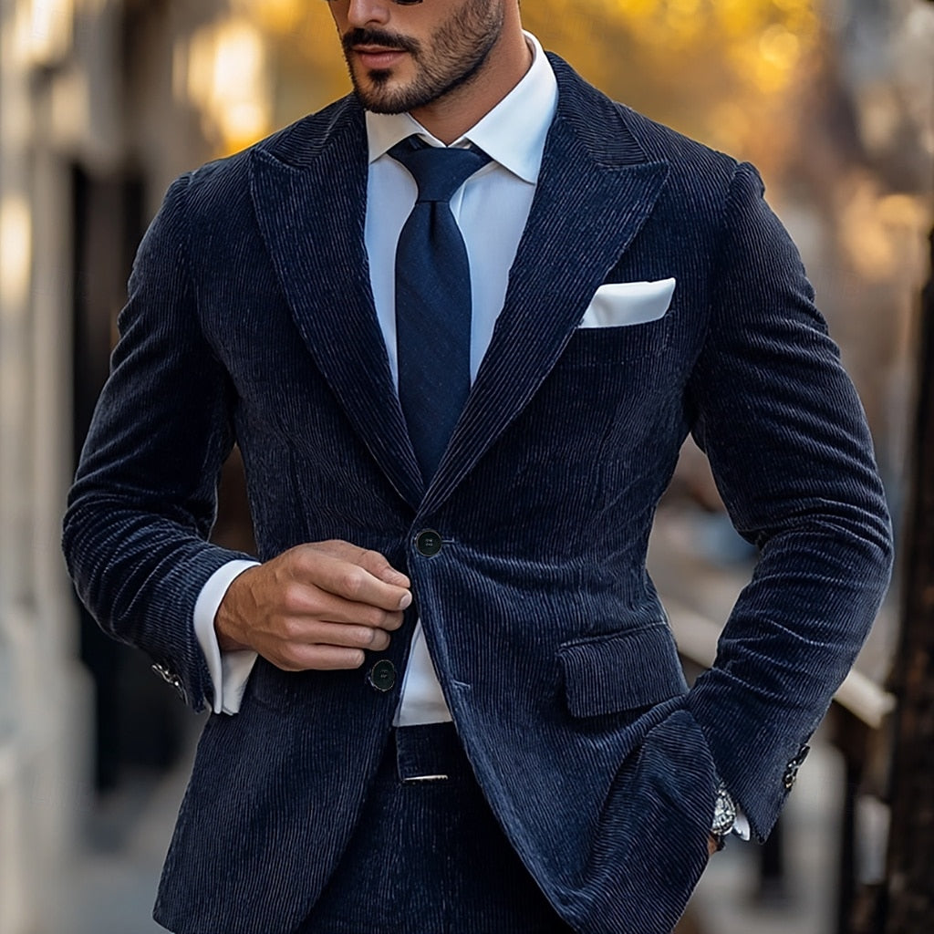 Veste costume homme 2 pièces bleu marine, velours côtelé, uni, coupe standard, droit, 2 boutons, pour soirée