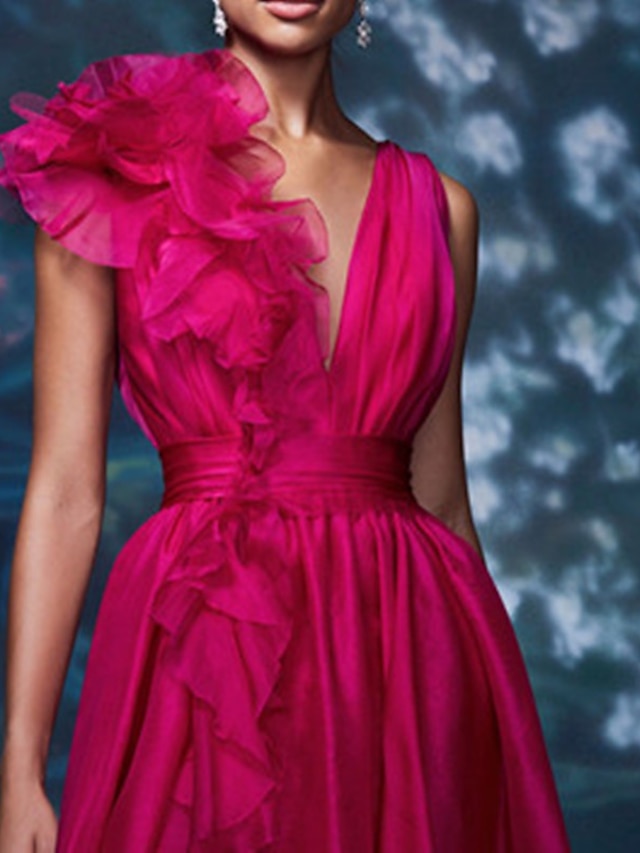 Robe de Soirée Longue de Forme Trapèze/Princesse à Col en V Sans Manches et Longueur Au Sol avec Fente Sur le Côté