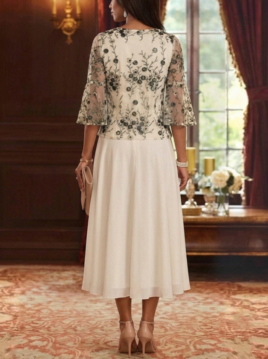 Robe Mère de la Mariée Ligne A/Princesse Florale Dentelle Brodée Col en V Manches 3/4 Longueur Midi avec Veste