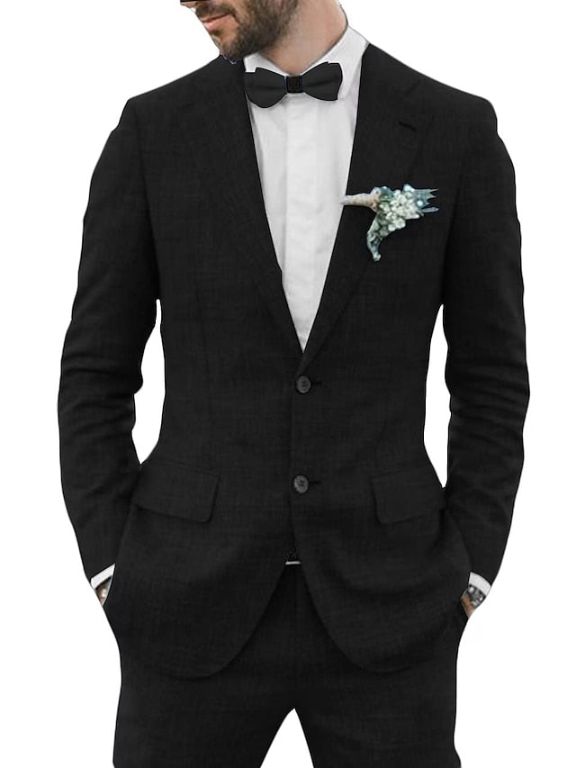 Costumes 2 Pièces en Lin de Couleur Unie à Simple Boutonnage et Deux Boutons pour Hommes, Coupe Ajustée