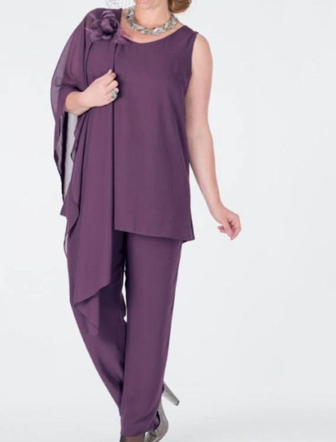 Tailleur-Pantalon en Mousseline de Soie avec Veste pour Mère de la Mariée