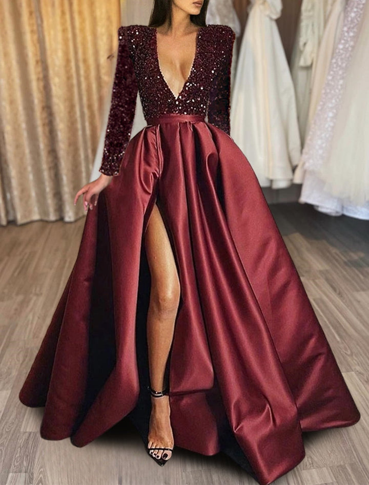 Robe de Bal Longue à Col en V et Ligne A/Princesse avec Fente Sur le Côté et Paillettes