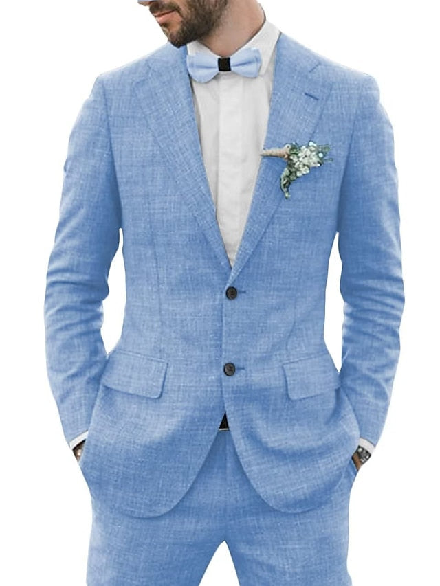 Costumes 2 Pièces en Lin de Couleur Unie à Simple Boutonnage et Deux Boutons pour Hommes, Coupe Ajustée