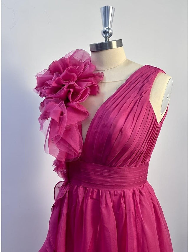 Robe de Soirée Longue de Forme Trapèze/Princesse à Col en V Sans Manches et Longueur Au Sol avec Fente Sur le Côté