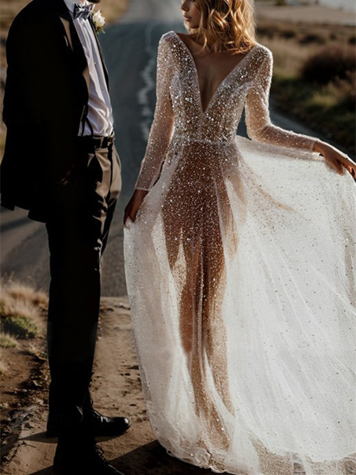 Robe de Mariée A-Line/Princess à Paillettes et Manches Longues et Col en V