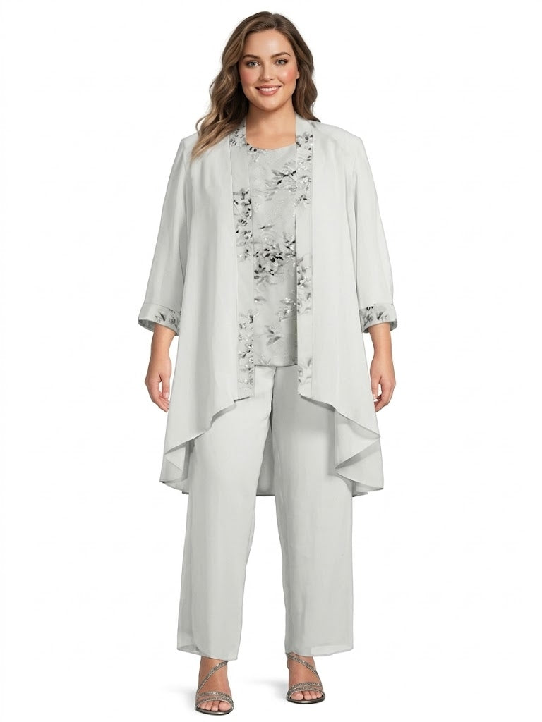 Tailleur-Pantalon en Mousseline de Soie à Col Rond et Longueur Au Sol avec Veste pour Mère de la Mariée, Grande Taille