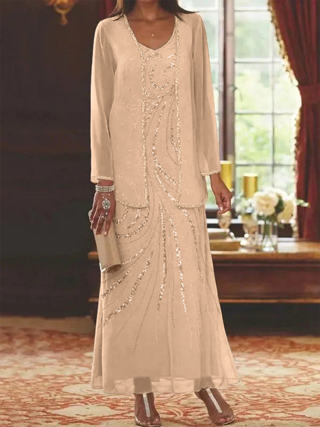 Robe de Mère de la Mariée Fourreau/Colonne à Col en V et Longueur Cheville avec Veste et Paillettes
