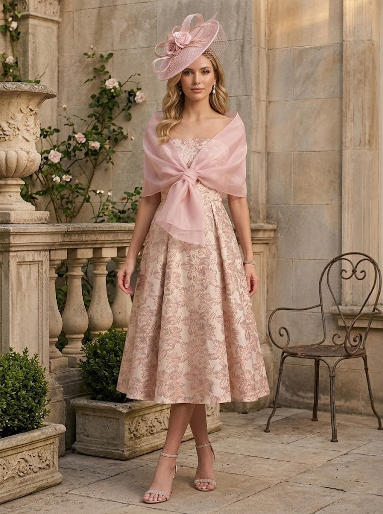 Ligne A/Princesse, Sans Bretelles, pour mère de la mariée, longueur du Thé,Sans manches, Floral