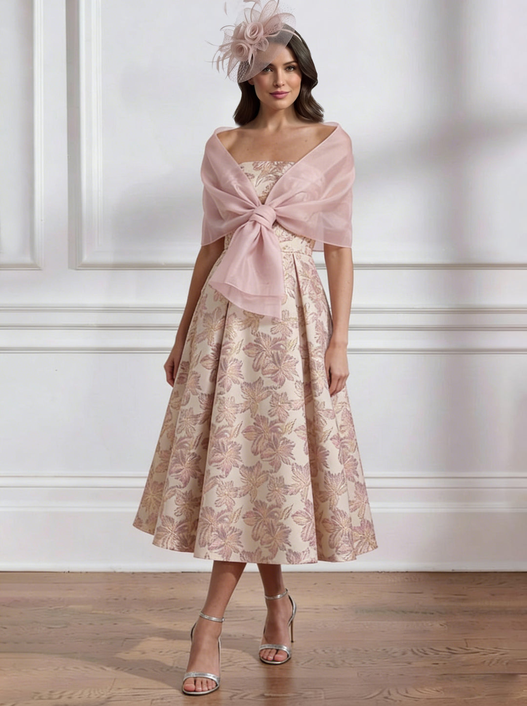 Ligne A/Princesse, Sans Bretelles, pour mère de la mariée, longueur du Thé,Sans manches, Floral
