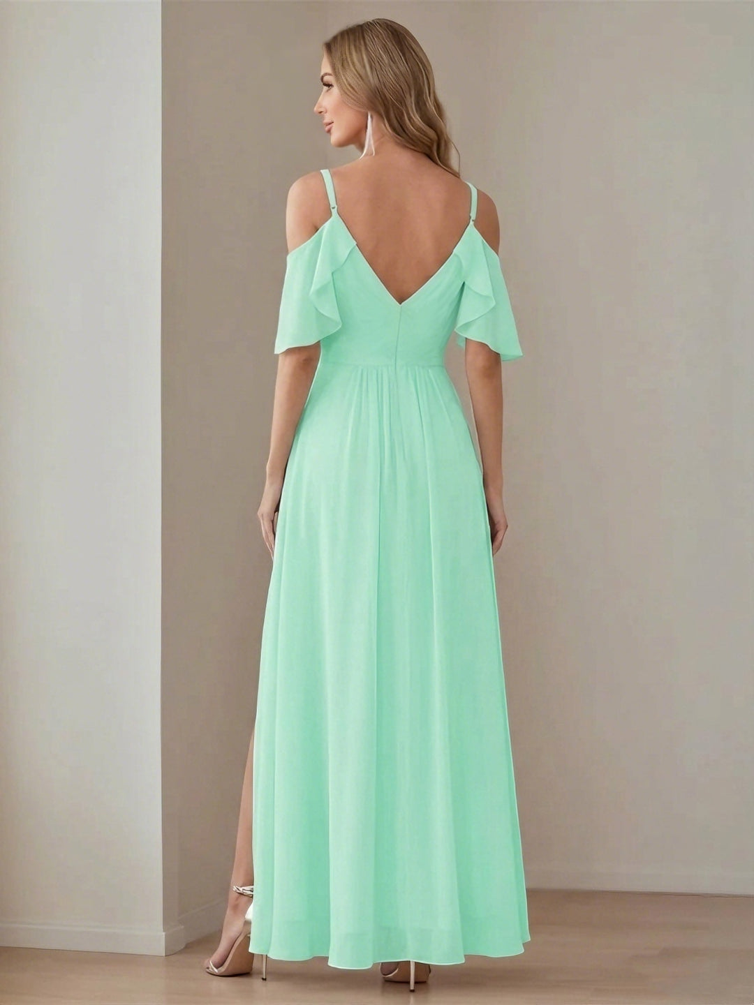 Ligne A/Princesse  Col en V Court Manche Bretelles Spaghetti Ankle  Length Robes de Demoiselle d'Honneur  Mousseline avec Froufrous Bow(s)