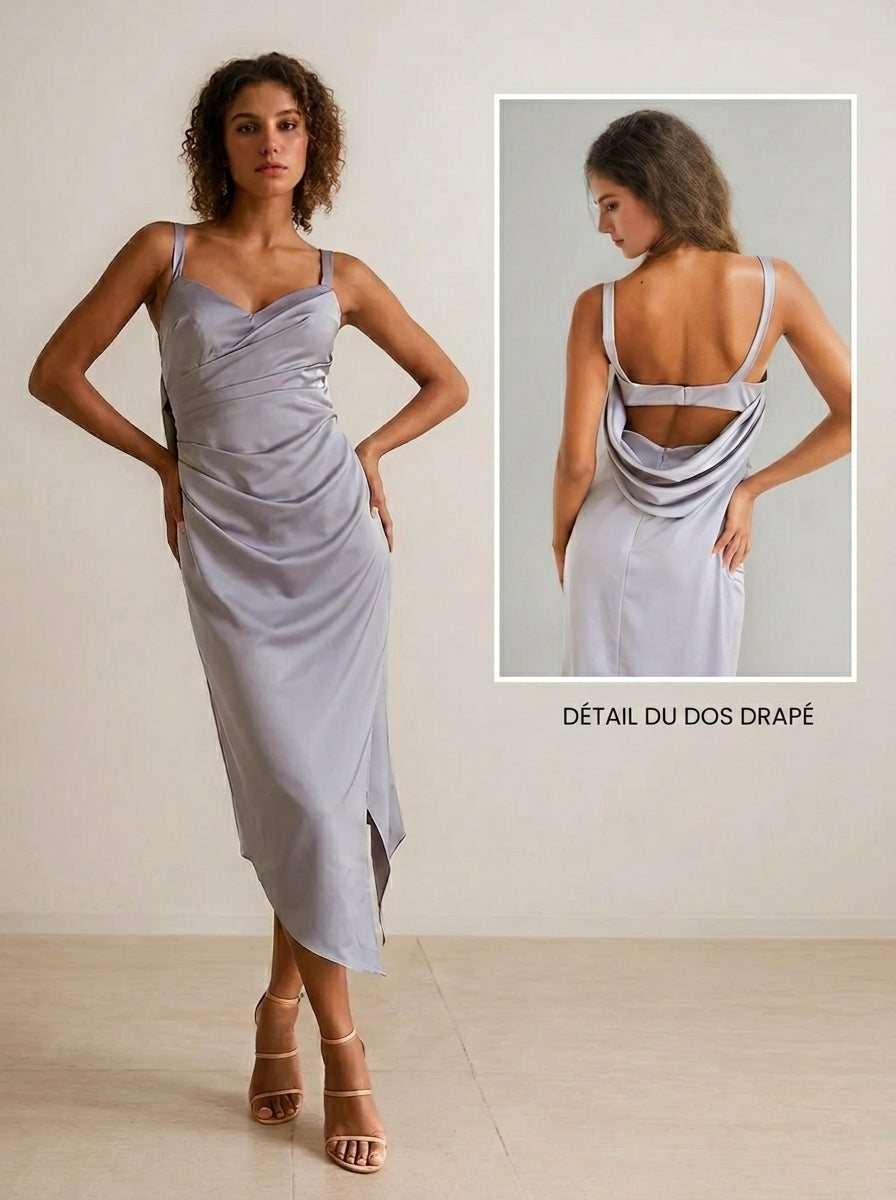 Robe de Demoiselle d'Honneur, Longueur de la Cheville, Col Cœur, Satin Mat, Gaine/Colonne, Froncée et avec Fente Latérale