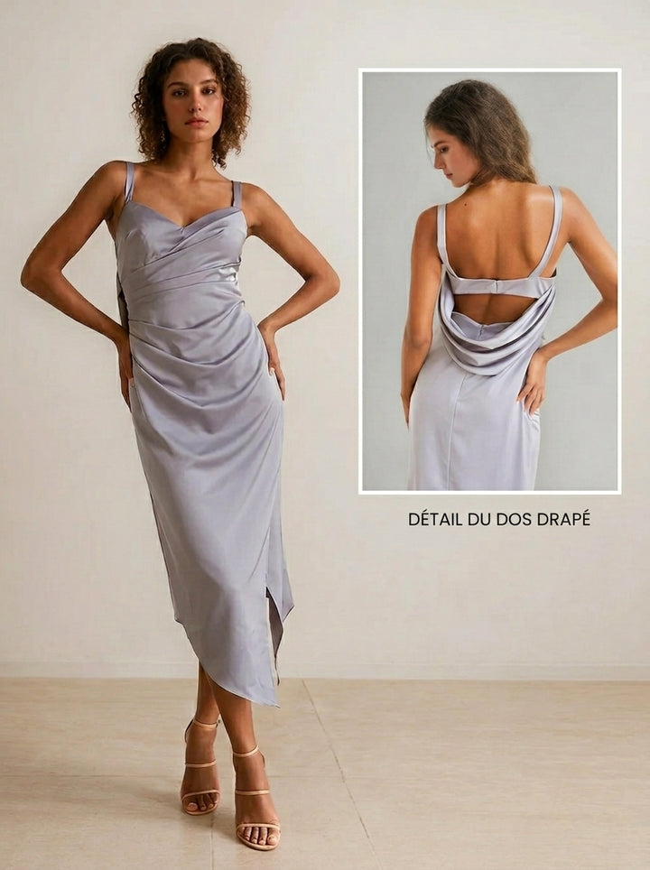 Robe de Demoiselle d'Honneur, Longueur de la Cheville, Col Cœur, Satin Mat, Gaine/Colonne, Froncée et avec Fente Latérale